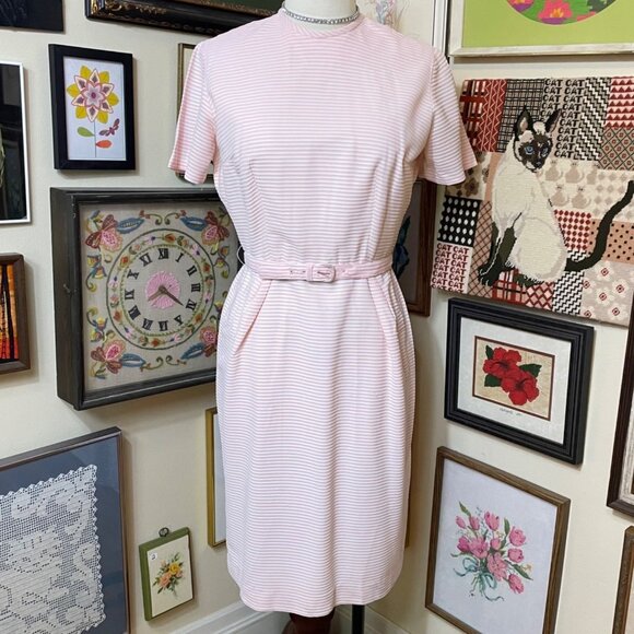 60s Vintage Pink & White Striped Short Sleeve Belted Dress With Back Zipper M - Picture 1 of 6
